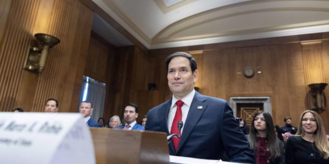 El nominado de Donald Trump para secretario de Estado, Marco Rubio, durante su audiencia de confirmación ayer. (ALEX BRANDON / AP)